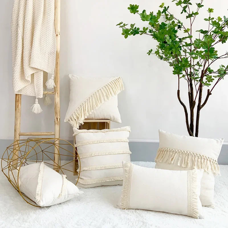 DecorBites™ Boho Linen Cotton Pillow Cover with Tassels - Beige Square/Rectangular 45x45cm/30x50cm