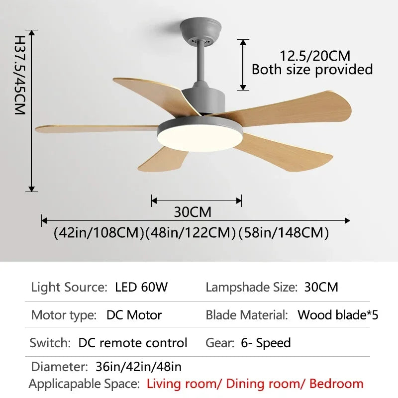 DecorBites™ 48" Bedroom Restaurant Ceiling Fan with 5 Wood Blades, DC Motor, LED Light, Remote