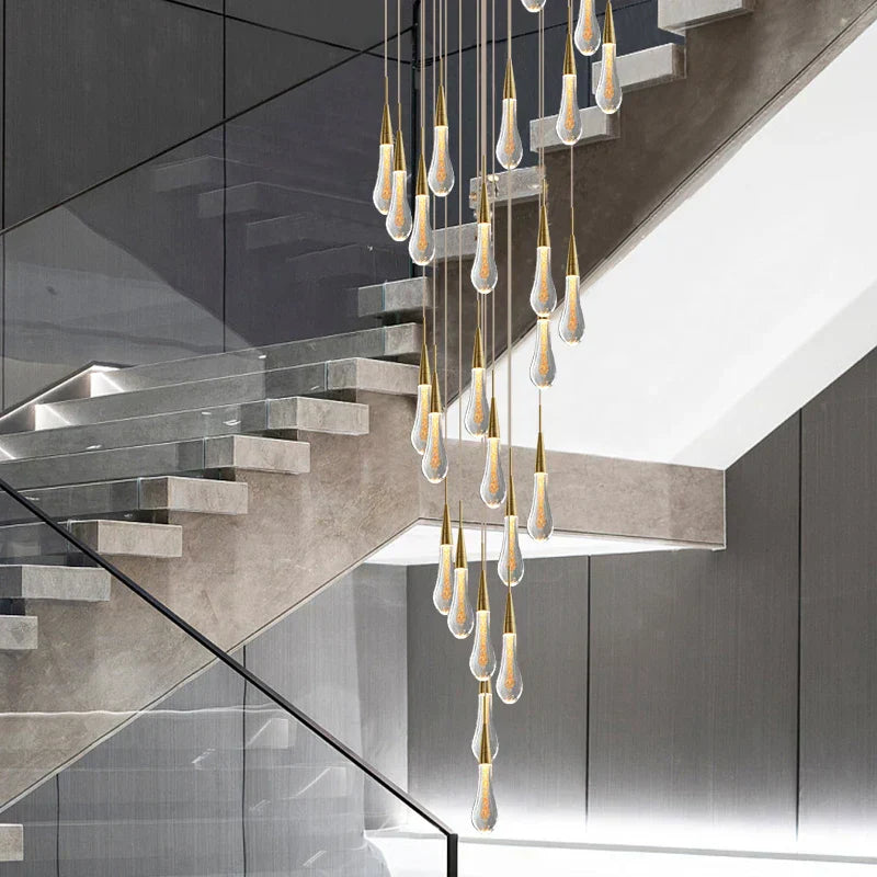 DecorBites™ Crystal Teardrop Chandelier Staircase LED Pendant Light, Gold Living Room Decor