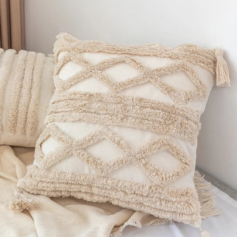 DecorBites™ Boho Square Pillowcase with Embroidery & Tassel Detail for Living Room Sofa