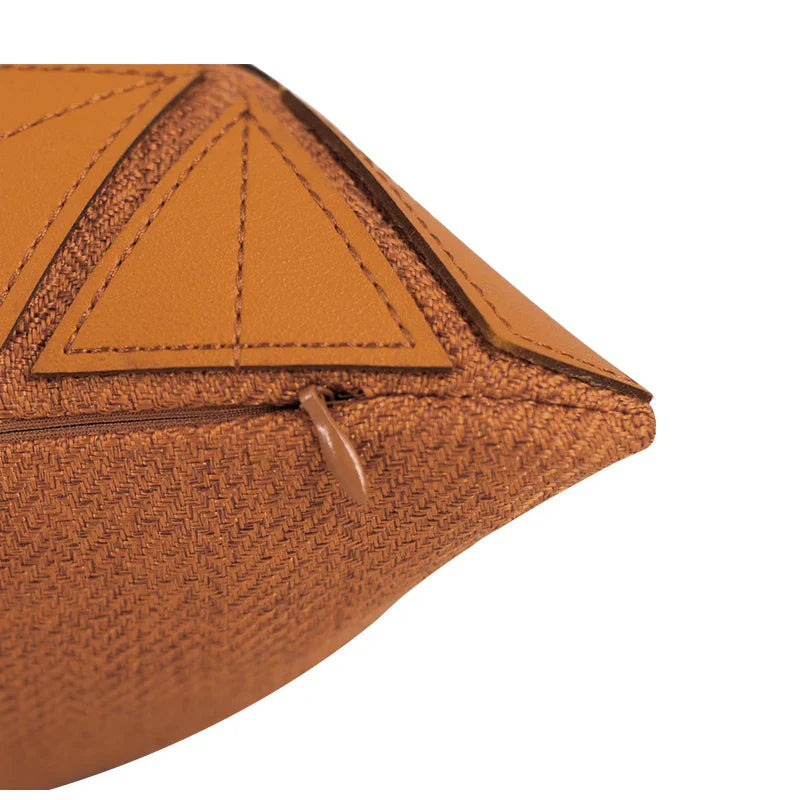 DecorBites™ Dark Orange Geometric Petals Leather Patched Lumbar Pillow Cover Luxury Case