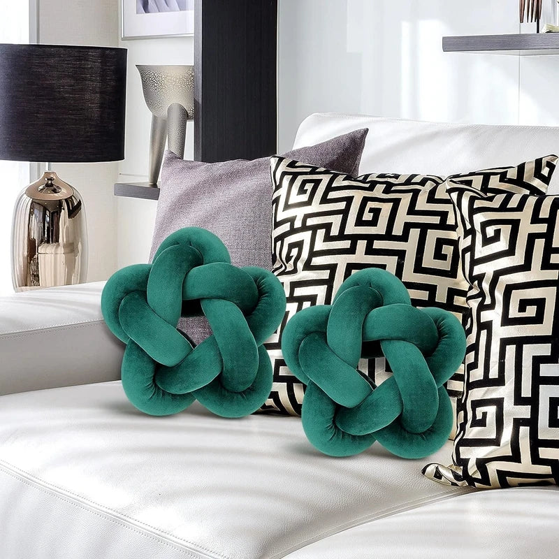 DecorBites™ Green Star Knotted Lumbar Cushion - Handmade Stuffed Throw Pillow