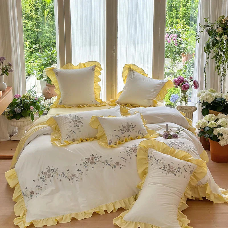 DecorBites™ Korean Princess Lace Ruffles Flowers Embroidery Bedding Set with 100% Cotton Quality.