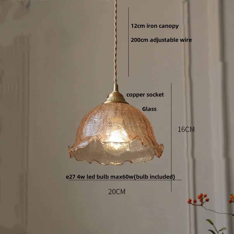 DecorBites™ Amber Glass LED Pendant Lamp Walnut Wood Copper Hanging Light