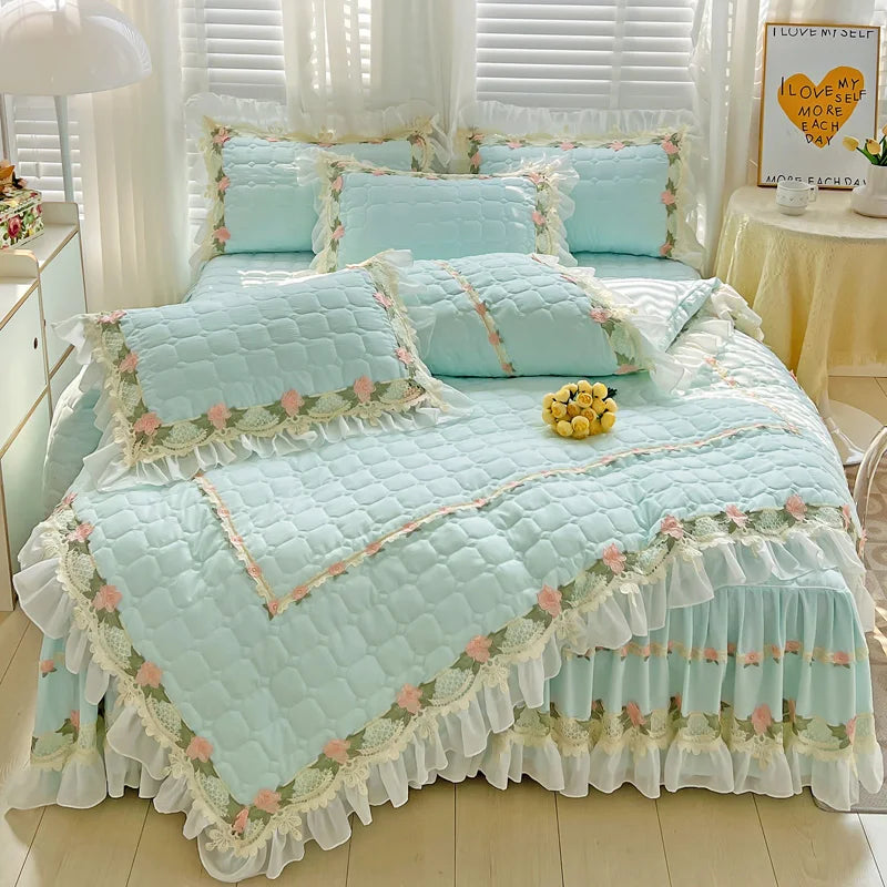 DecorBites™ Korean Princess Bedding Set: Flowers, Lace, Ruffles, Embroidery, Quilted, Duvet Cover, Bedspread