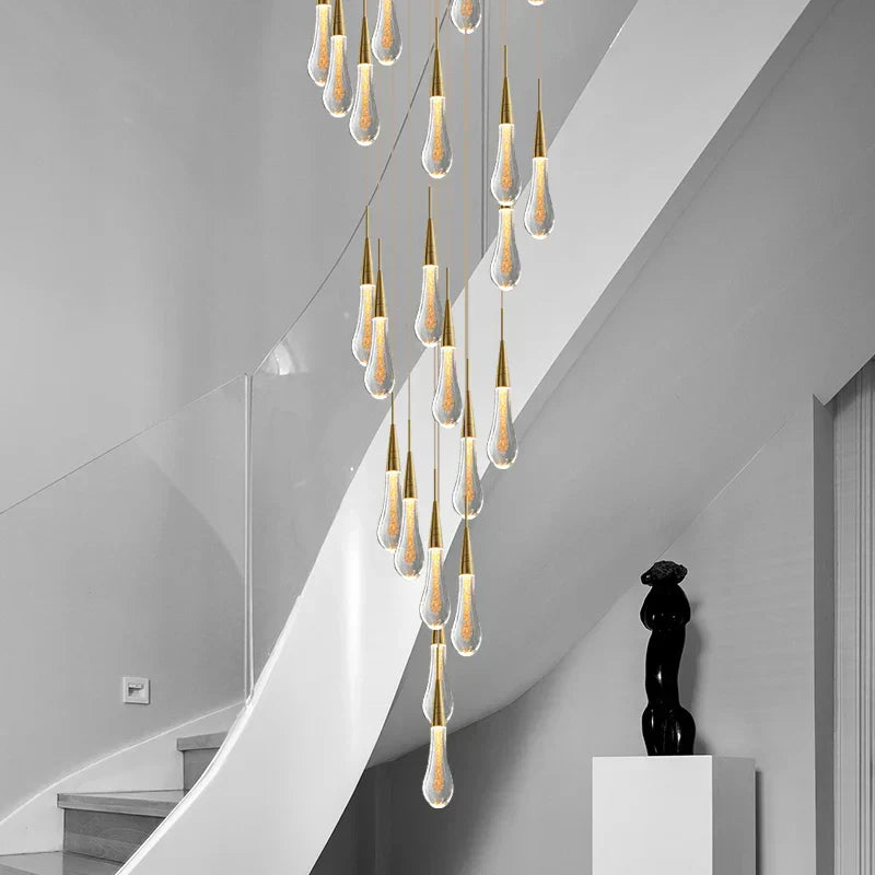 DecorBites™ Crystal Teardrop Chandelier Staircase LED Pendant Light, Gold Living Room Decor