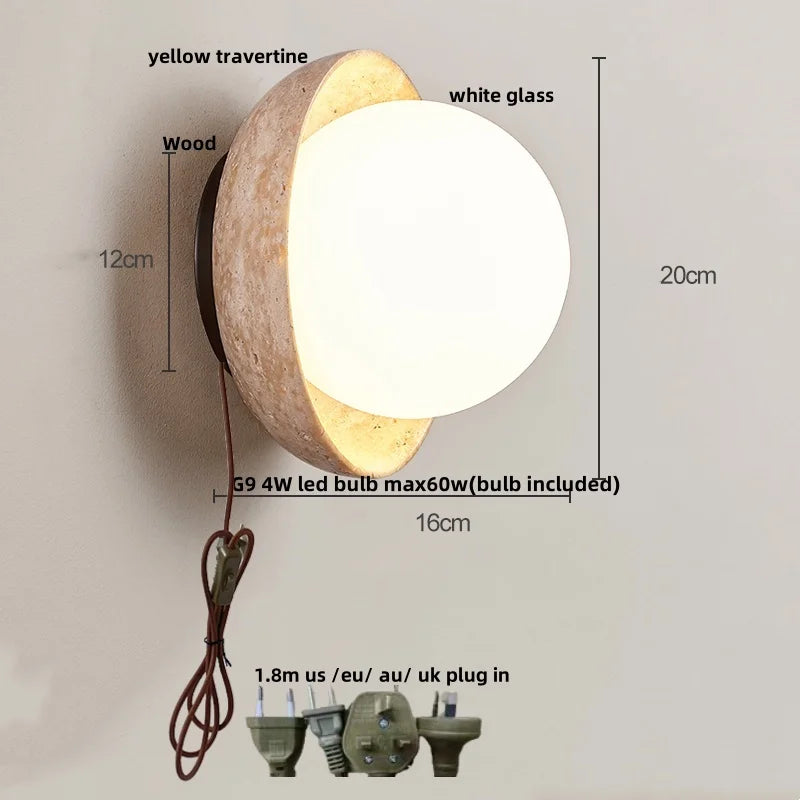 DecorBites™ Yellow Travertine LED Wall Sconce with Nordic Modern Glass Design
