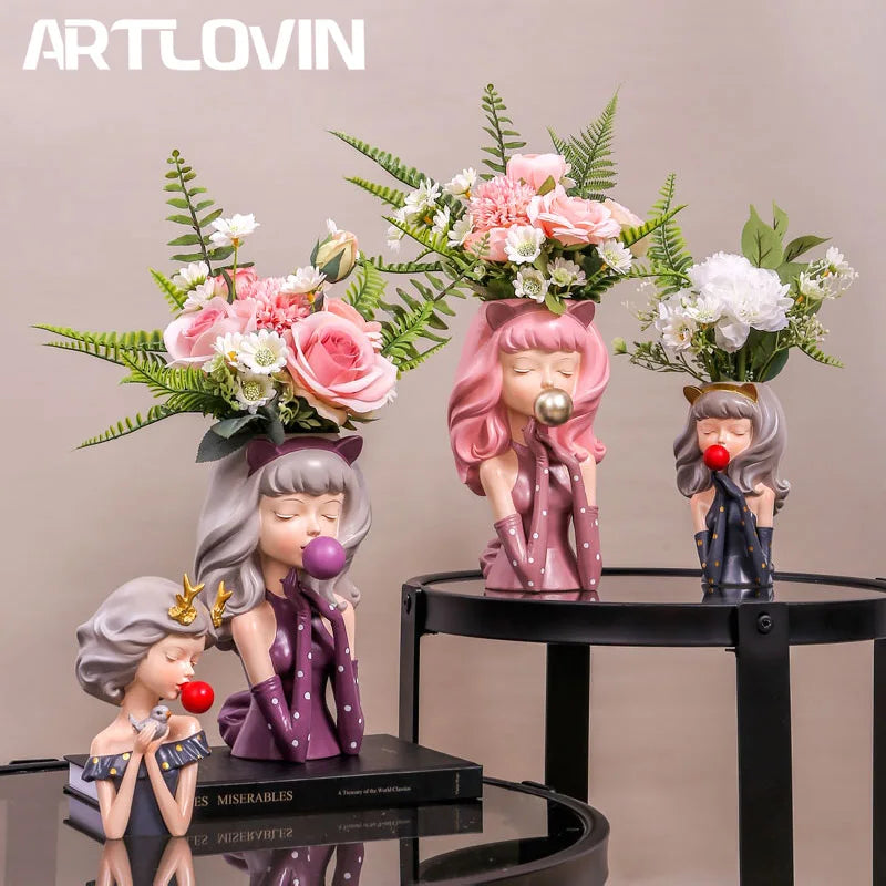 DecorBites™ Bubble Gum Girl Flower Vase - Stylish Resin Plant Pot for Home Decor