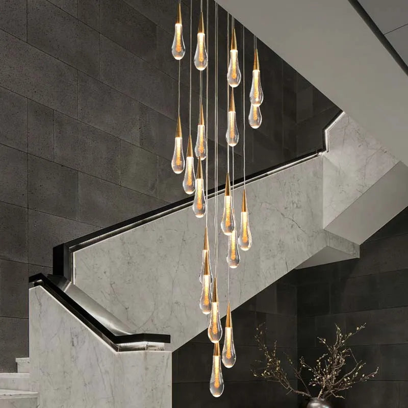 DecorBites™ Crystal Tear Drop Chandelier for Staircase, LED Pendant Light in Gold - Indoor Decor
