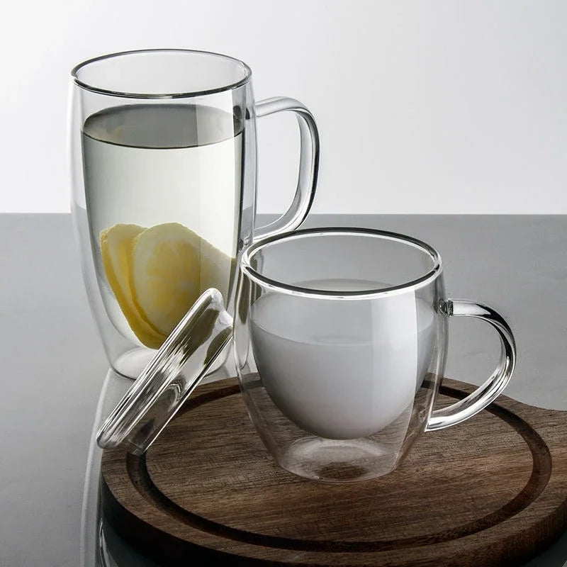 DecorBites™ Double Wall Tumbler Set: Beer Whiskey Wine Glasses Tea Mug Coffee Cup with Lid