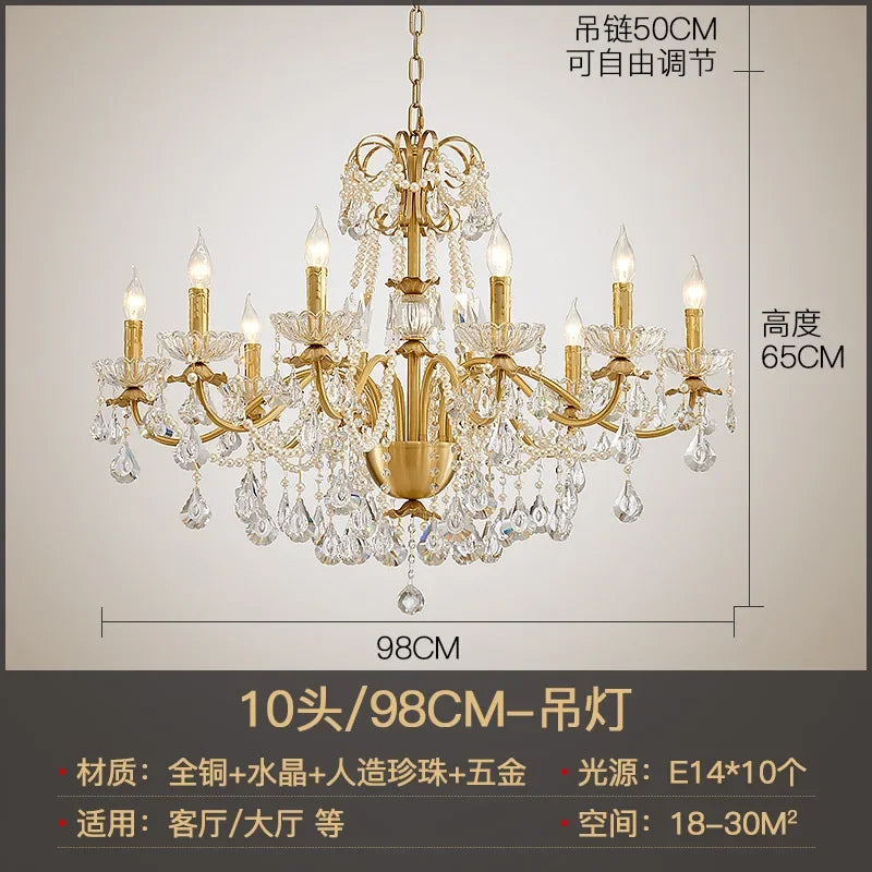 DecorBites™ Gold Brass Crystal Chandelier for Living Dining Bedroom, Retro Candle Lights Pendant Lamps