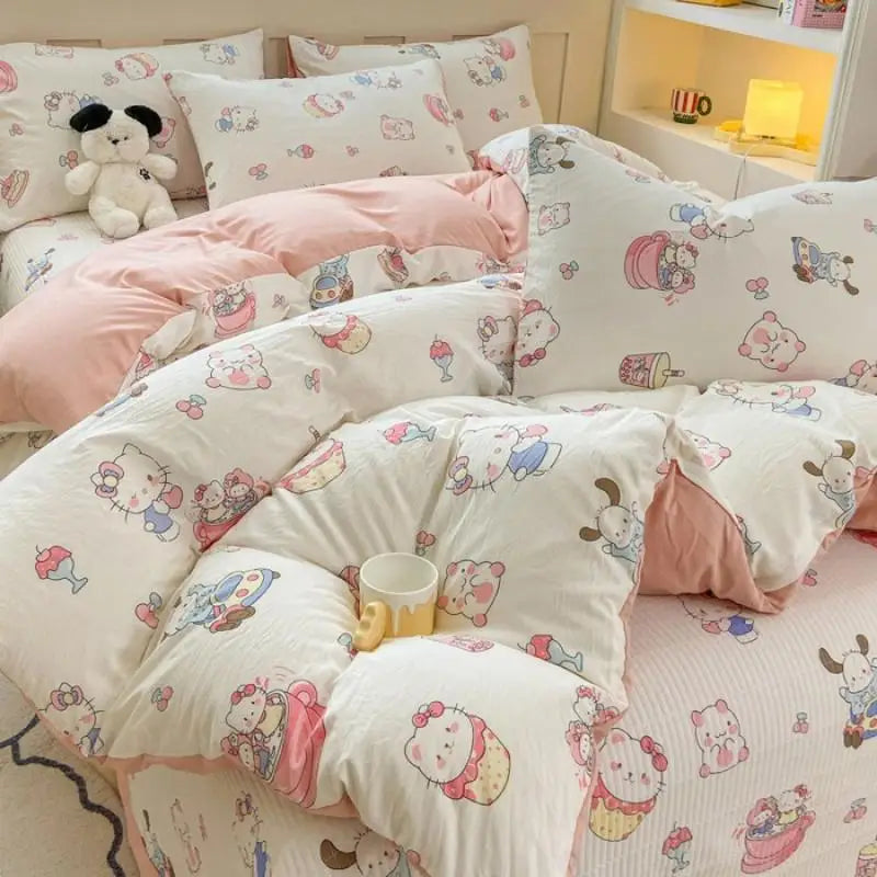 DecorBites™ Cartoon Cat Floral Duvet Cover Set - Pink Kids Girls Bedroom Decor