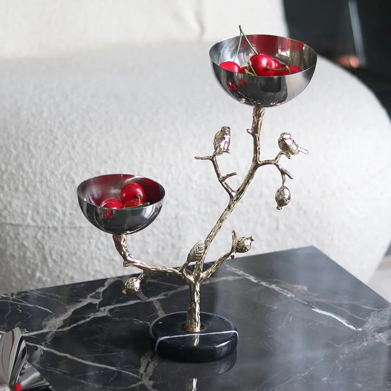 DecorBites™ Golden Bird Metal Snack Bowl with Branches and Birds Fruit Platter