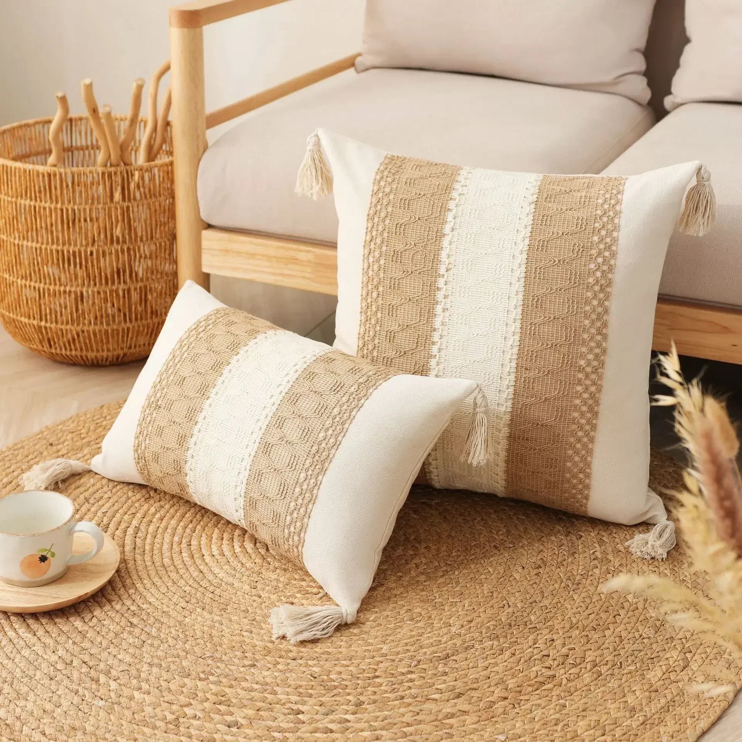 DecorBites™ Bohemian Tassel Cushion Cover: Handmade Geometric Crochet Pillowcases