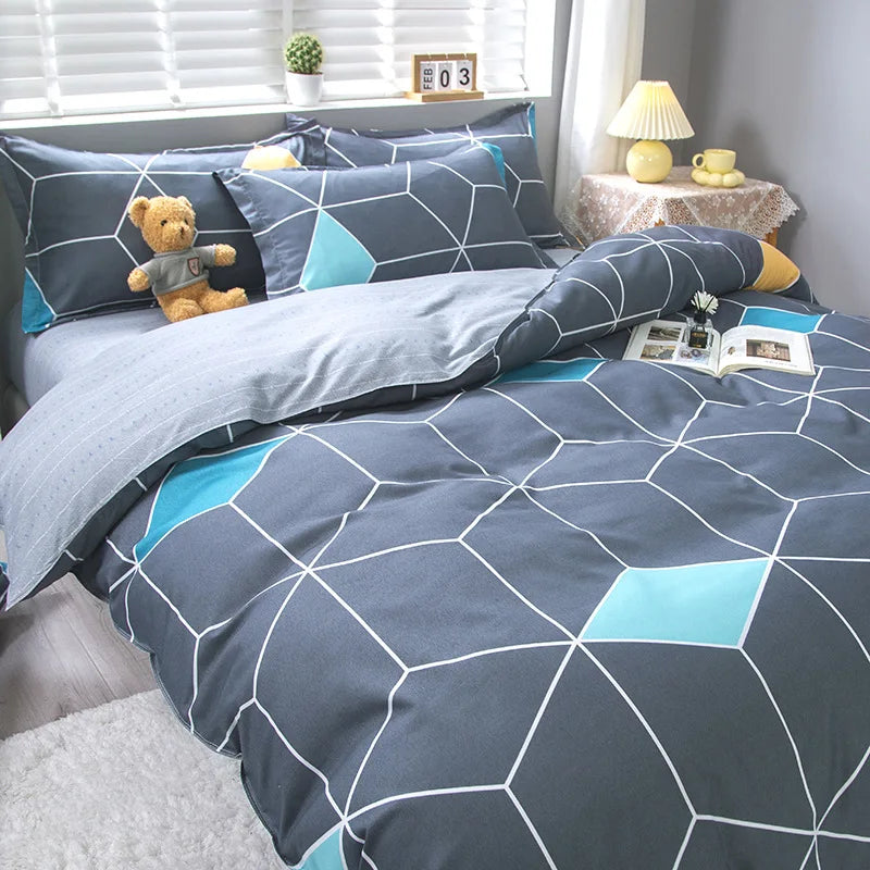 DecorBites™ Geometric Floral Bedding Set with Quilt Cover, Duvet Cover, Sheet, and Pillows