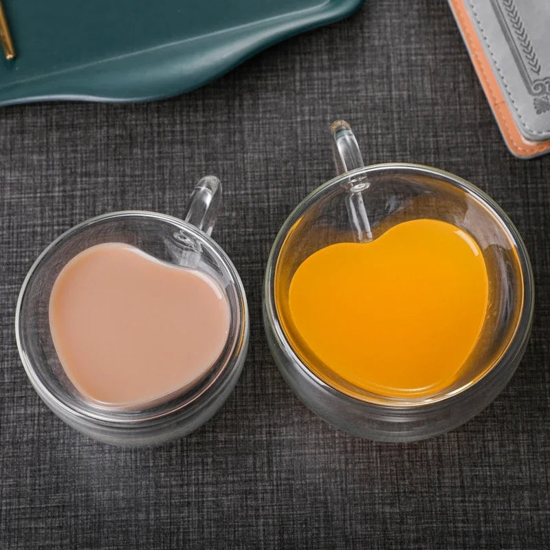 DecorBites™ Heart-Shaped Glass Coffee Cup - Double Bottom Glass Mug for Drinks