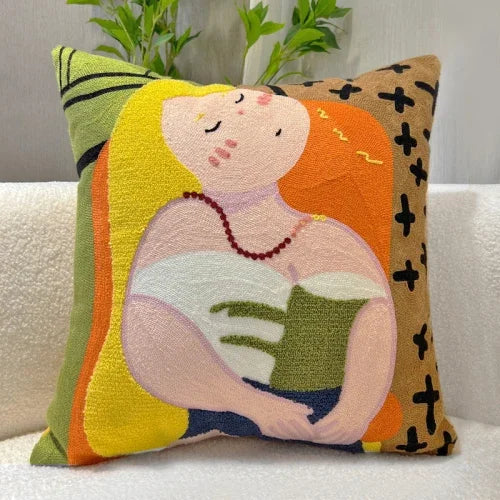DecorBites™ Cartoon Oil Painting Embroidery Throw Pillow for Office Chair, Living Room, Bedroom