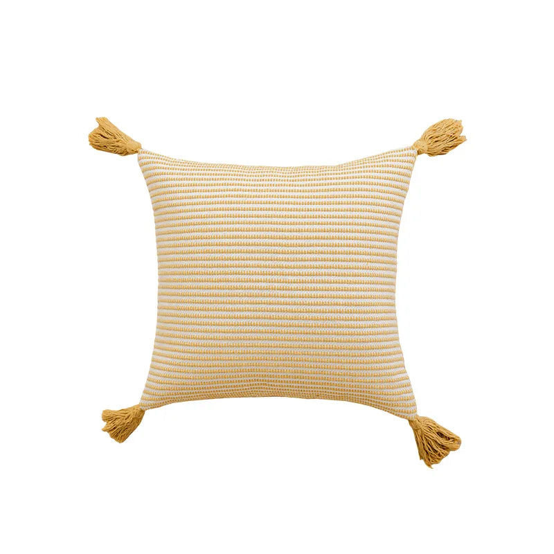 DecorBites™ Geometric Tufted Cushion Cover with Crochet Tassels - Nordic Yellow Striped Pillow Cover