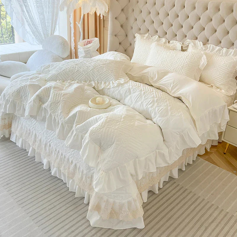 DecorBites™ Korean Princess Style Quilted Bedding Set with Lace Ruffles 200x230cm