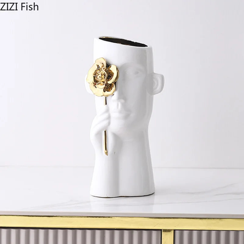 DecorBites™ Gold Rose Relief Ceramic Vase, Elegant Desk Floral Vase for Room Decor