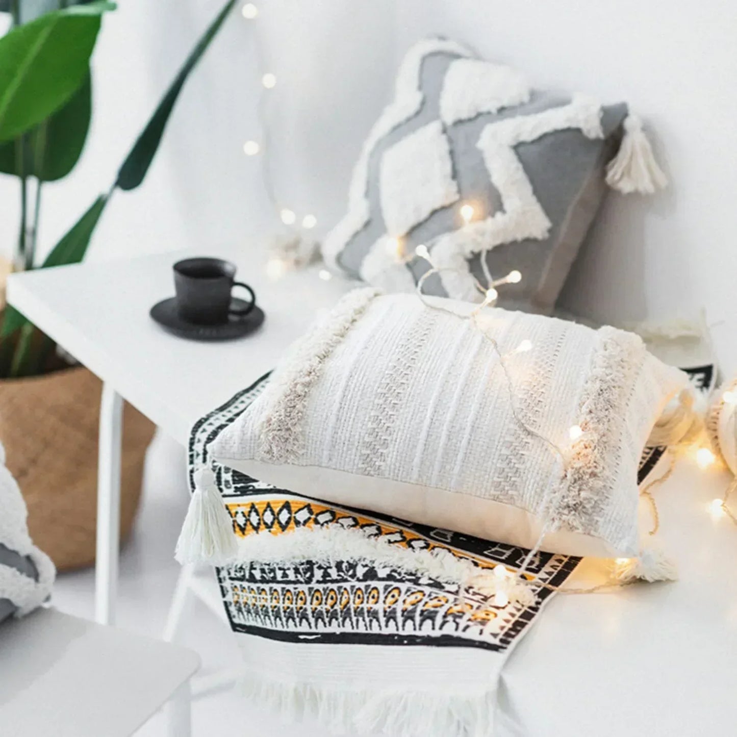 DecorBites™ Lace Tassel Cushion Tufted Sofa Pillowcase for Office Chair Pad