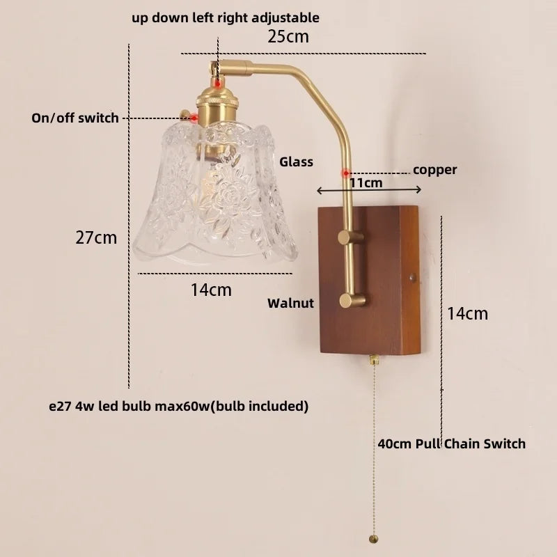 DecorBites™ LED Glass & Wood Wall Lamp with Pull Chain Switch for Living Room, Bedroom, Bathroom