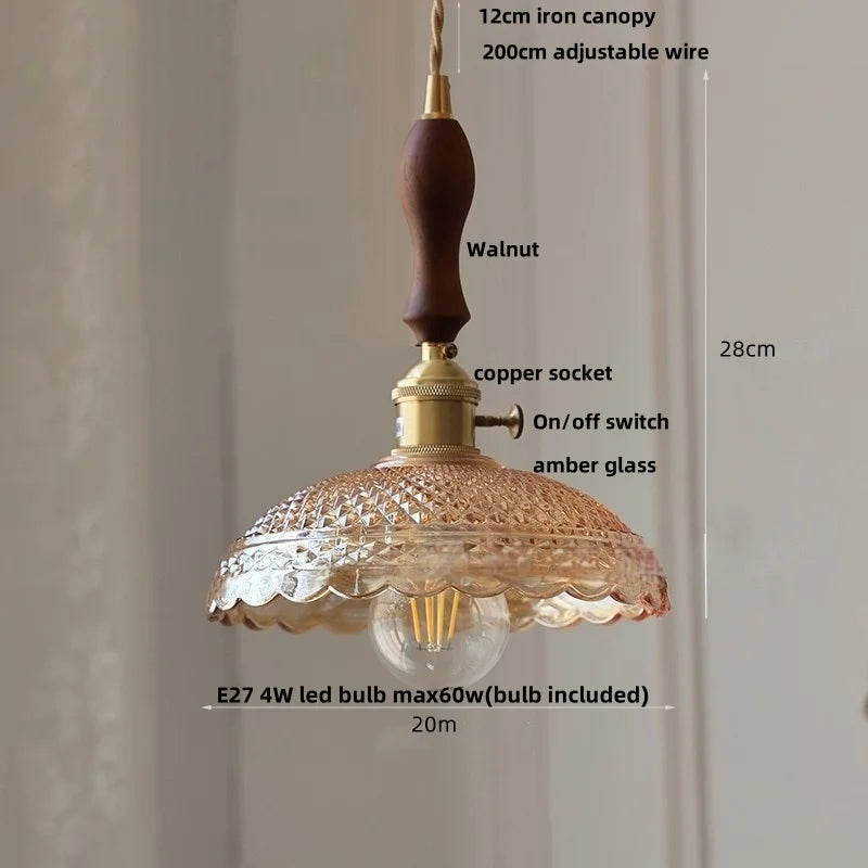 DecorBites™ LED Pendant Lights Green Glass Copper Socket with Walnut Wood - Nordic Modern