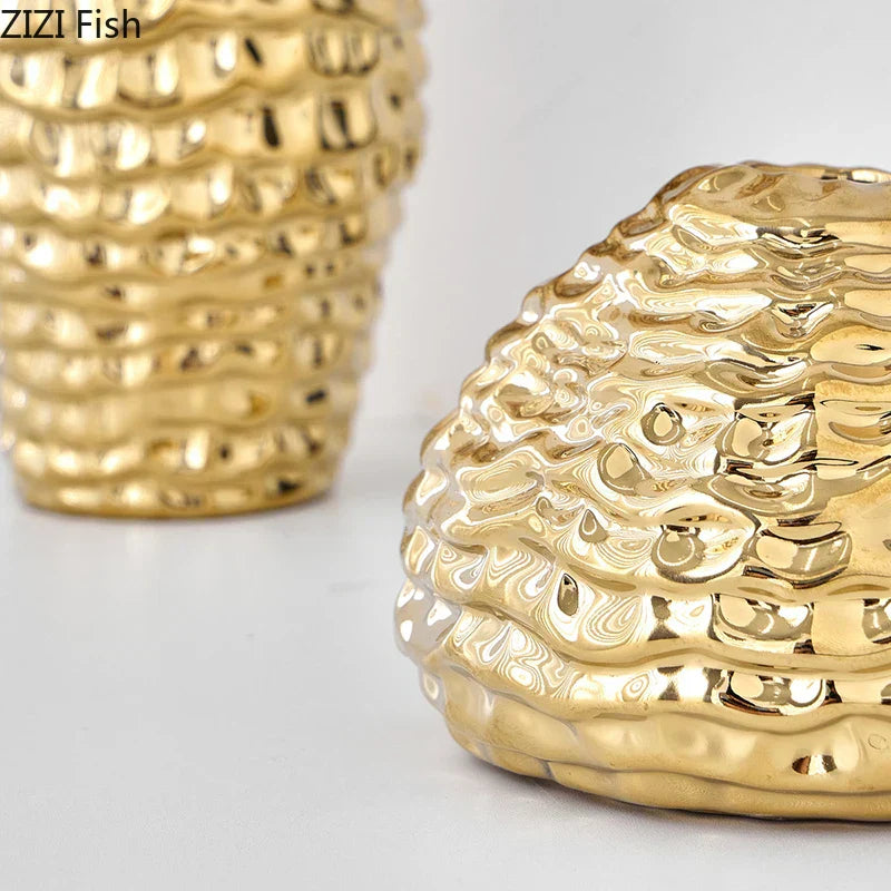 DecorBites™ Golden Wrinkle Ceramic Vase - Desk Decoration, Gold-plated Floral Pots for Aesthetic Room Decor