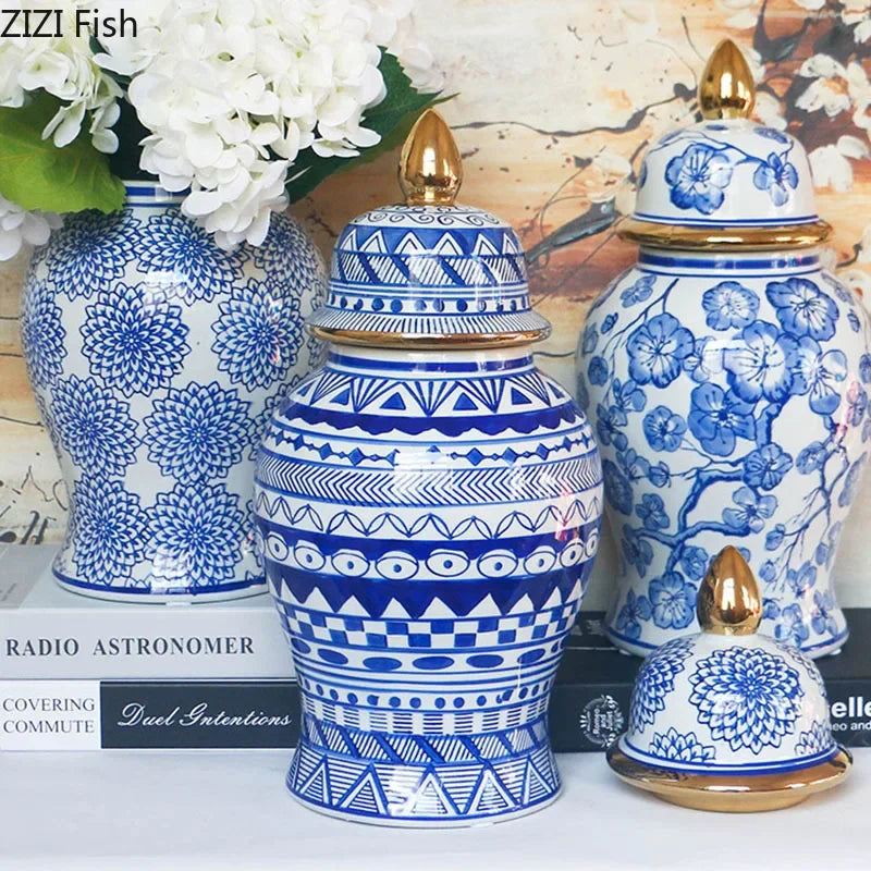 DecorBites™ Blue & White Porcelain Ginger Jar: Retro Tea Caddy Vase Desk Decoration