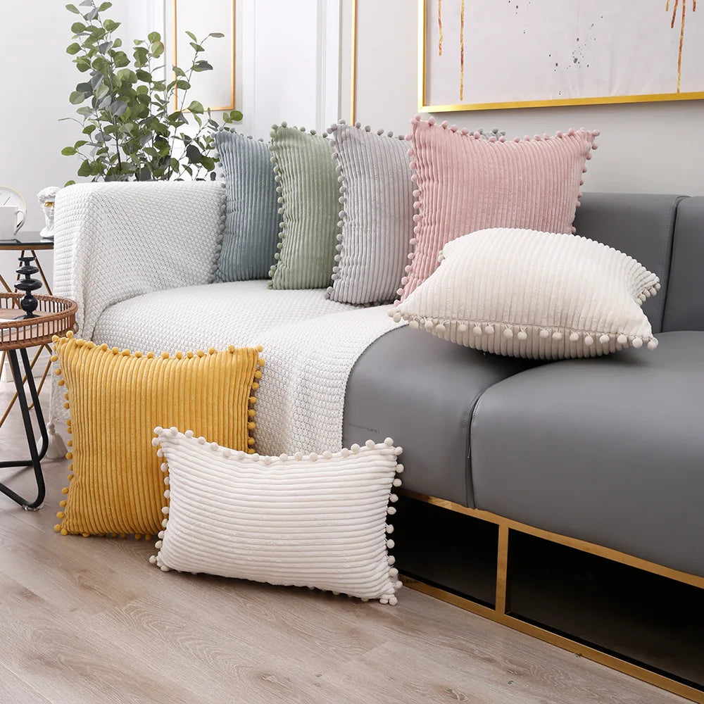 DecorBites™ Corduroy Pompom Cushion Cover 45x45 for Sofa Living Room