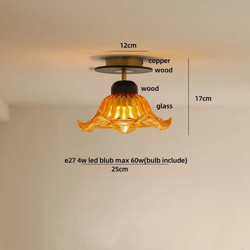 DecorBites™ Amber Glass Ceiling Lamp Wood Nordic Modern Bedroom Bathroom Light