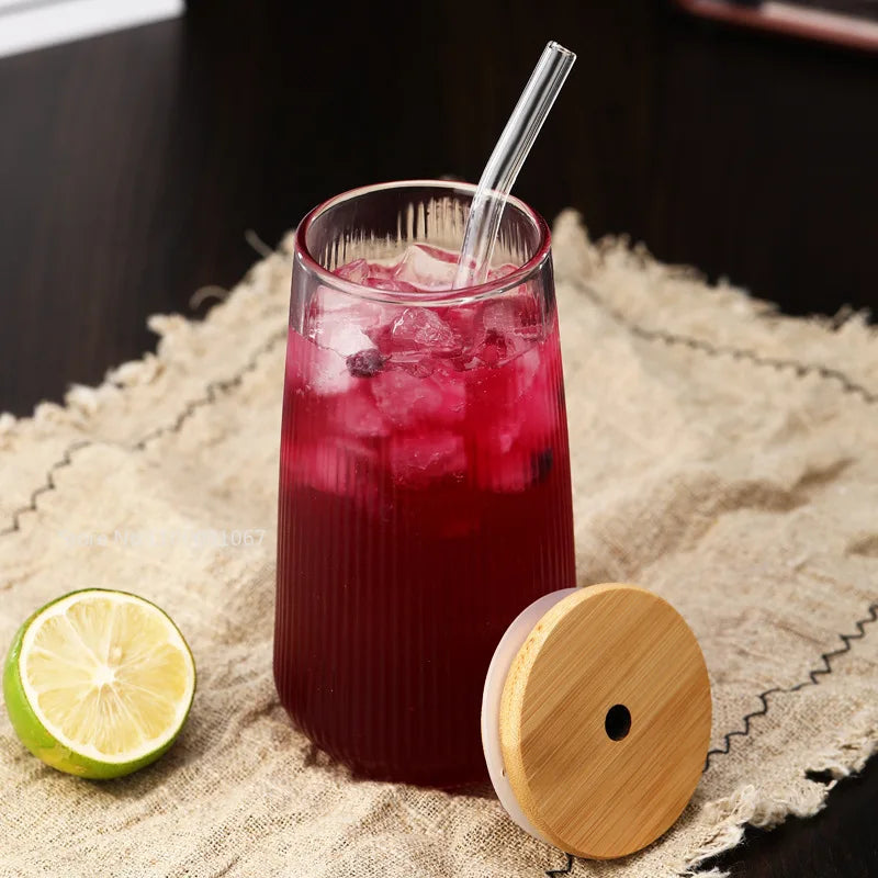 DecorBites™ Glass Cup Set with Lid and Straw for Tea Coffee Juice Beer Milk Mocha
