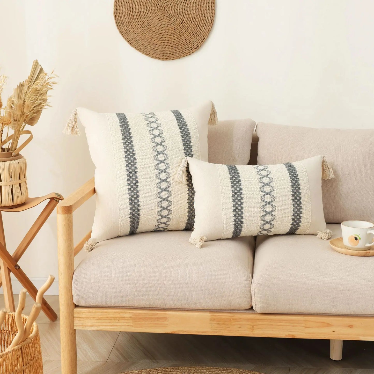 DecorBites™ Boho Tassel Cushion Cover: Geometric Woven Crochet Pillowcase