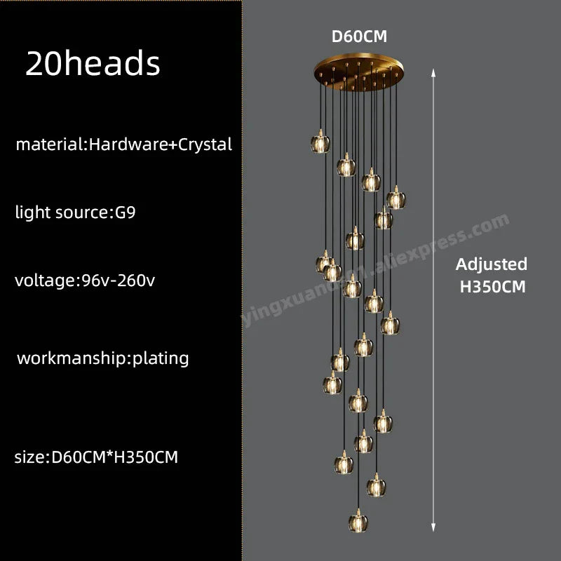 DecorBites™ Black & Gold Crystal Chandelier LED Pendant Light Fixture Loft Staircase Lighting
