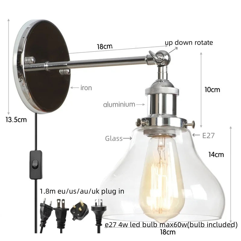 DecorBites™ Black Iron LED Wall Lights Industrial Pull Chain Switch Bedroom Dining Room Loft
