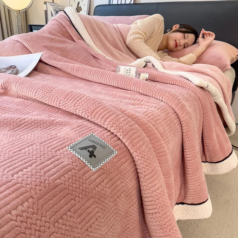 DecorBites™ Cozy Jacquard Plush Blanket - Soft Coral Fleece - All-Season - European Solid Stripes