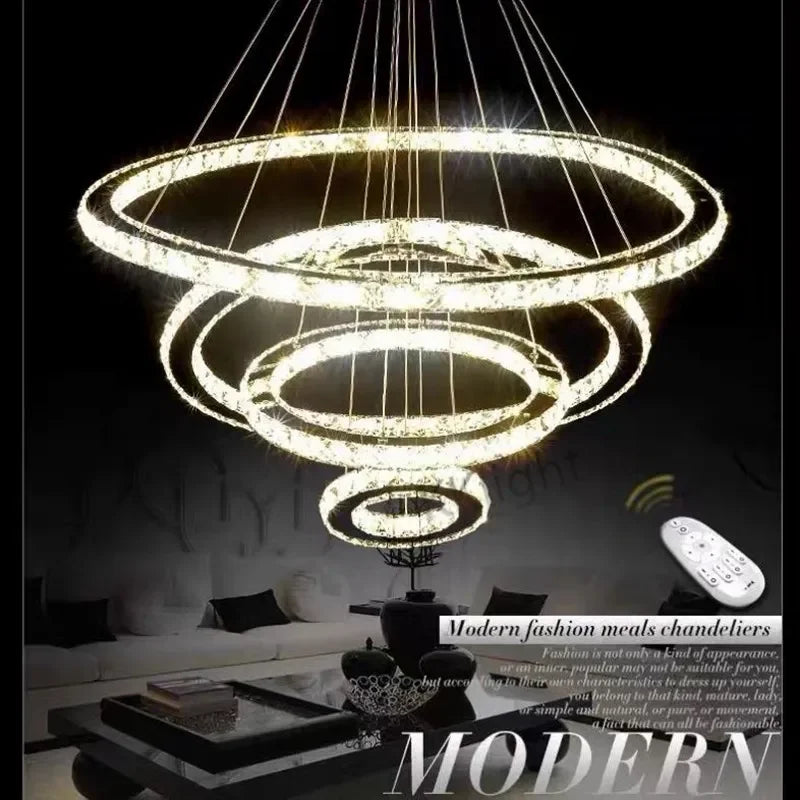 DecorBites™ Crystal LED Chandelier: Modern Chrome Lustre Ring Lighting Fixture for Living Room