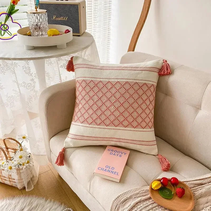 DecorBites™ Geometric Tufted Tassel Cushion Cover Cotton Canvas Fall Pillow Cover