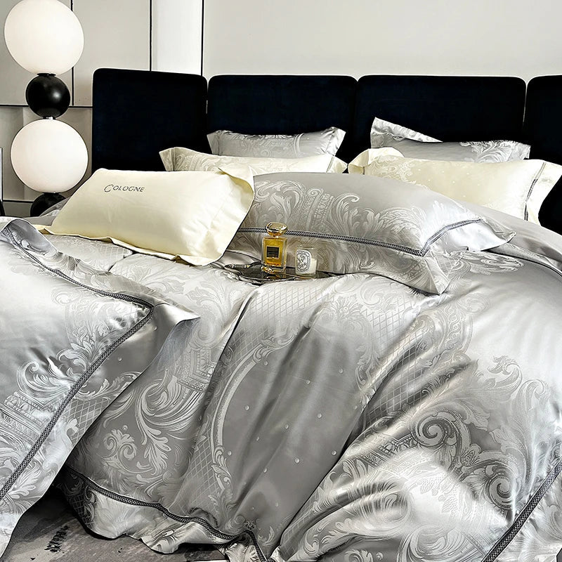 DecorBites™ Brocade Satin Jacquard Egyptian Cotton Bedding Set, Luxury Silky Duvet Cover, Bed Sheet, Pillowcase
