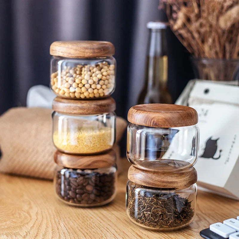DecorBites™ Acacia Wood Lid Clear Glass Storage Jar 300ml Dry Food Snacks Candy Spice Jar