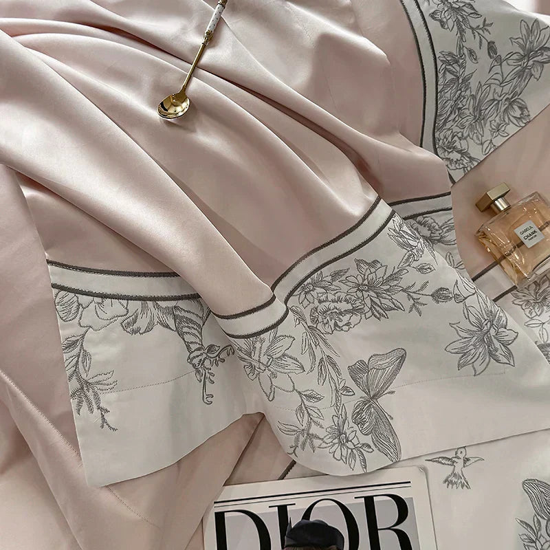 DecorBites™ Luxe Butterfly Flowers Embroidery Bedding Set with Duvet Cover Sheet Pillowcases 4Pcs