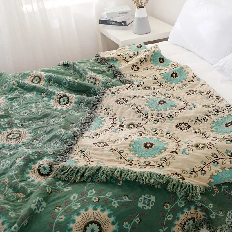 DecorBites™ Bohemian Cotton Sofa Throw Blanket - Double Side Bed Cover & Cushion - All Seasons Quilt