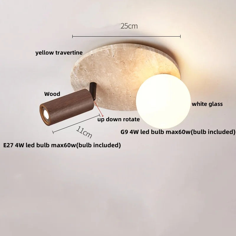 DecorBites™ Acrylic LED Ceiling Lamp Yellow Travertine Wood Canopy Wabi Sabi Style