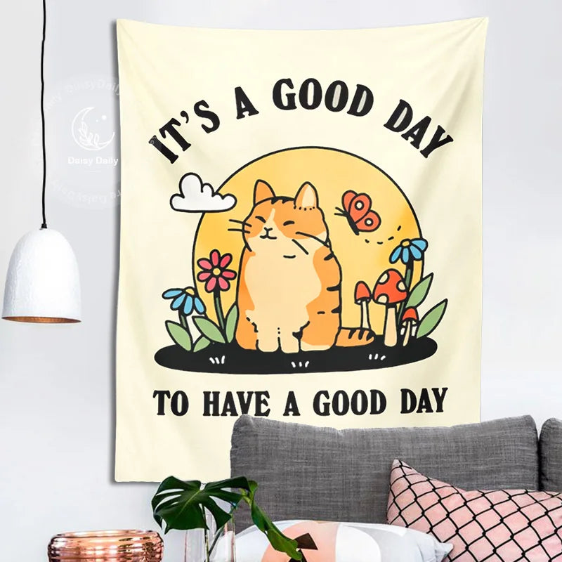 DecorBites™ Cat Tapestry: Mushroom Flower Moon Boho Decor for Living Room, Kids Room
