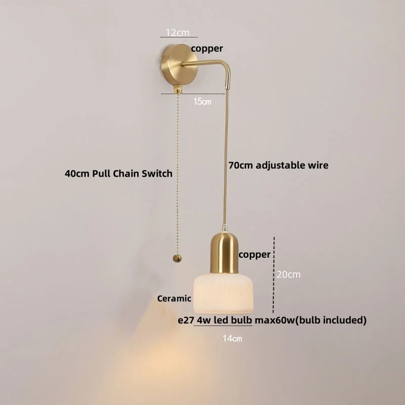 DecorBites™ Ceramic LED Wall Sconce with Walnut Wood Pull Chain Switch - Nordic Style