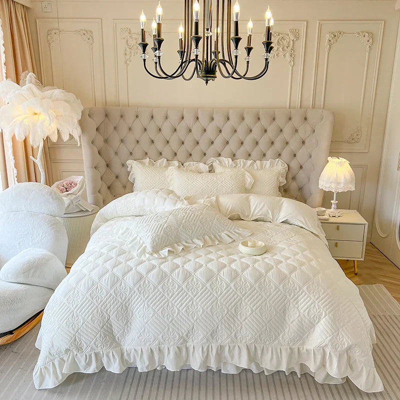 DecorBites™ Korean Princess Style Quilted Bedding Set with Lace Ruffles 200x230cm