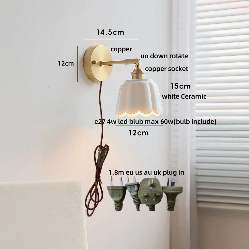 DecorBites™ Copper Wall Light Fixture Bedroom Bedside Sconce White Ceramic Lamp
