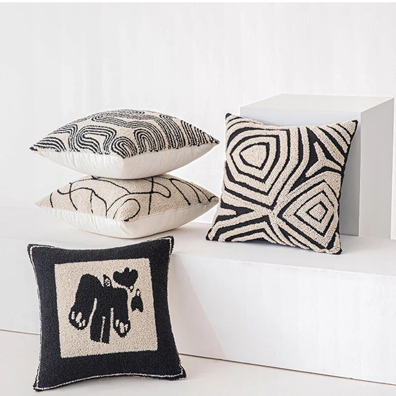 DecorBites™ Geometric Embroidered Cushion Cover in Modern Beige and Black