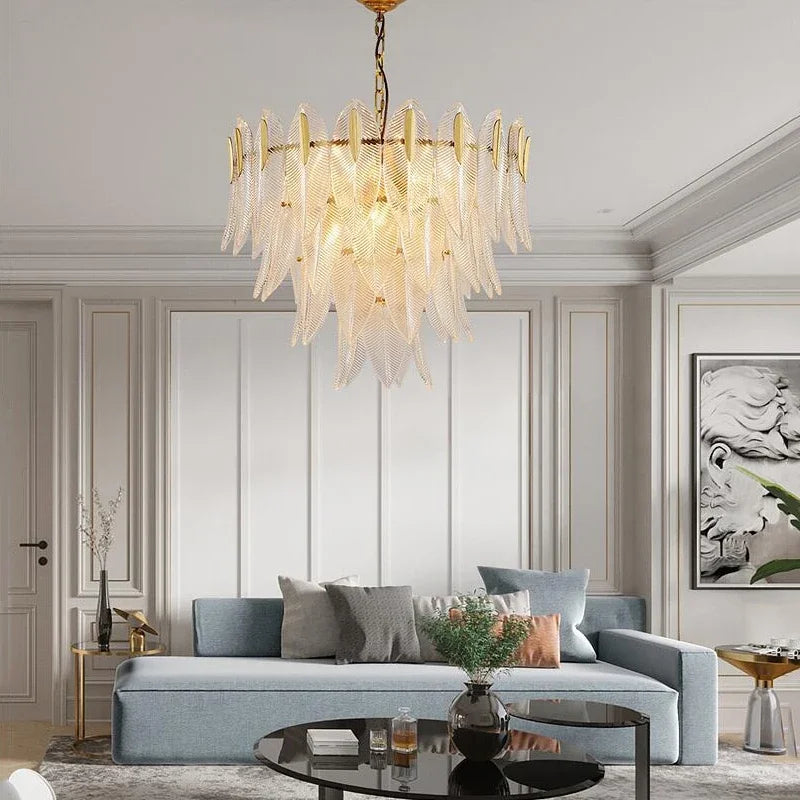 DecorBites™ Glass Leaf Luxury Chandelier LED Pendant Lights for Modern Living Room