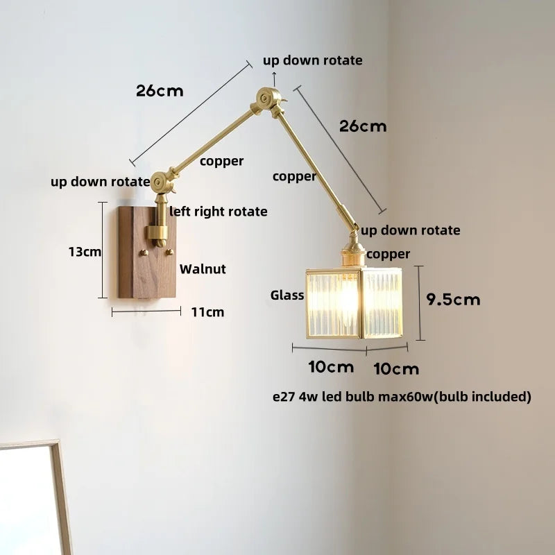 DecorBites™ LED Walnut Wood Cube Glass Wall Light with Pull Chain Switch